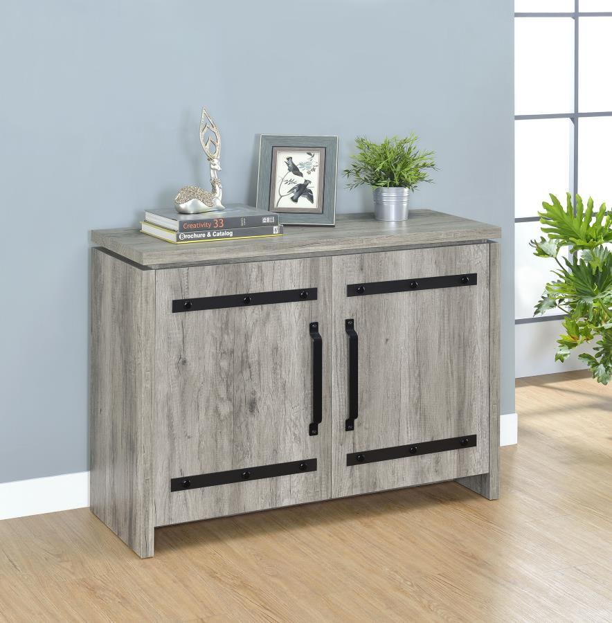 Enoch 2-Door Engineered Wood Accent Cabinet – Gray Driftwood Finish with Dark Hardware and Nailhead Accents, 4 Shelves for Storage in Living Room or Entryway