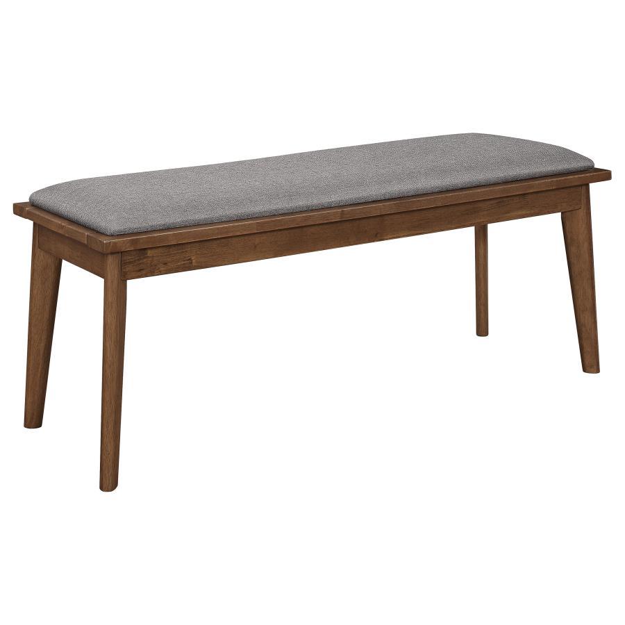 Alfredo Upholstered Dining Bench – Gray Fabric Seating with Natural Walnut Wood Frame, Mid-Century Tapered Legs, Modern Contemporary Design