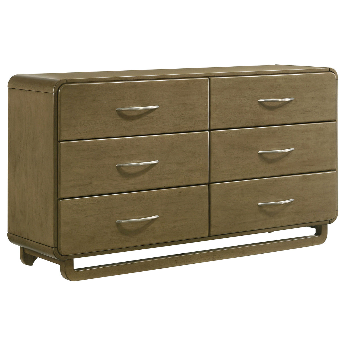Amsbury 6-Drawer Dresser Cabinet in Nutmeg Finish with Rounded Corners, Matte Nickel Hardware, Metal Glides, and Solid Hardwood Frame