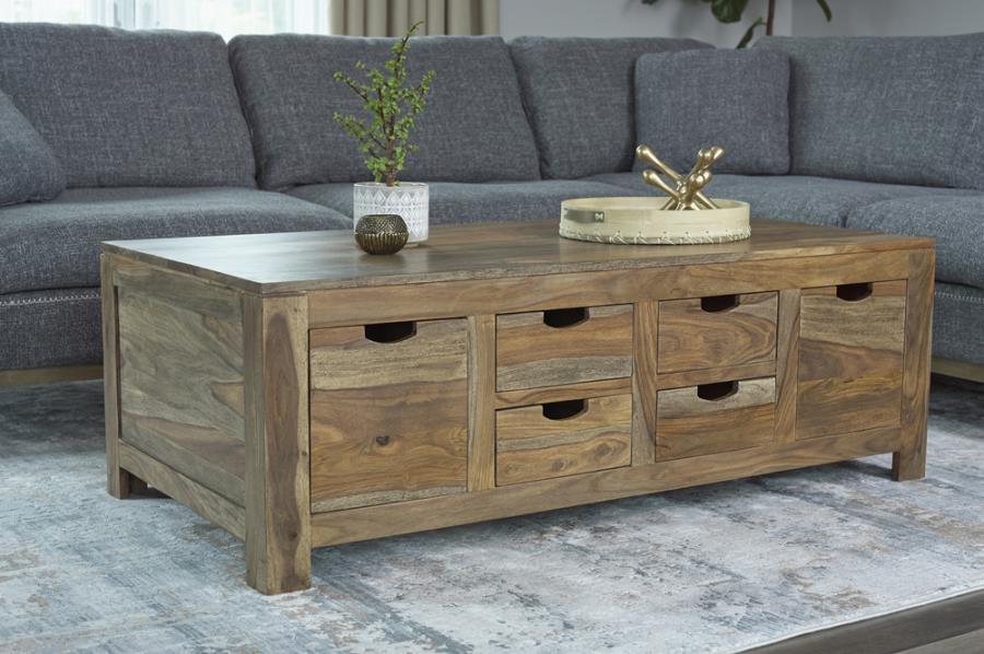 Esther - 6-Drawer Solid Wood Coffee Table – Natural Finish, Handcrafted Sheesham Wood with Ample Storage & Rustic Appeal