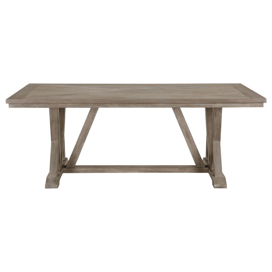 Cornelia Rectangular Dining Table – Coastal Gray Modern Farmhouse Design with Trestle Base, Acacia Wood Construction, Durable Dining Room Centerpiece