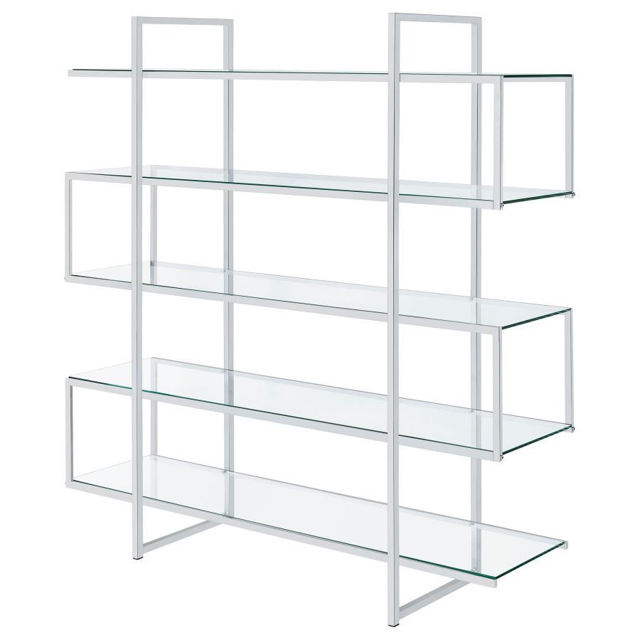 Elmer 5-Shelf Bookshelf – Modern Clear Tempered Glass and Chrome Steel Frame, Stylish Display Unit for Books, Décor, Photos, and Collectibles