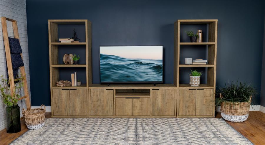 Tabby 3 Piece TV Entertainment Center with 4-Door Mango Finish TV Stand, Dual Media Towers, Adjustable Shelves, and Rustic Modern Storage Design