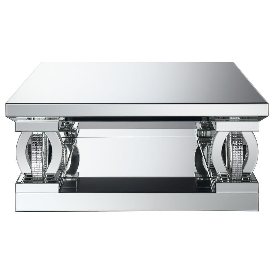 Amalia Square Mirrored Acrylic Crystal Coffee Table in Silver – Glamorous 40-Inch Modern Centerpiece with Sculptural Base