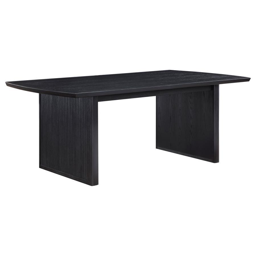 Brookmead Extension Leaf Dining Table – Black Wood Minimalist Design, Sculpted Edge, Wire-Brushed Finish, Straight Wide Legs, Versatile & Sturdy