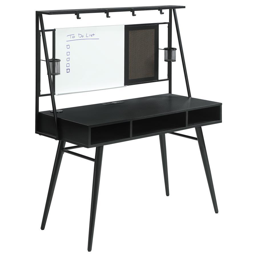 Jessie - Writing Desk with Whiteboard, USB Ports, AC Outlet, Wireless Charger – Modern Black Workspace with Storage Shelves and Organizer Hooks