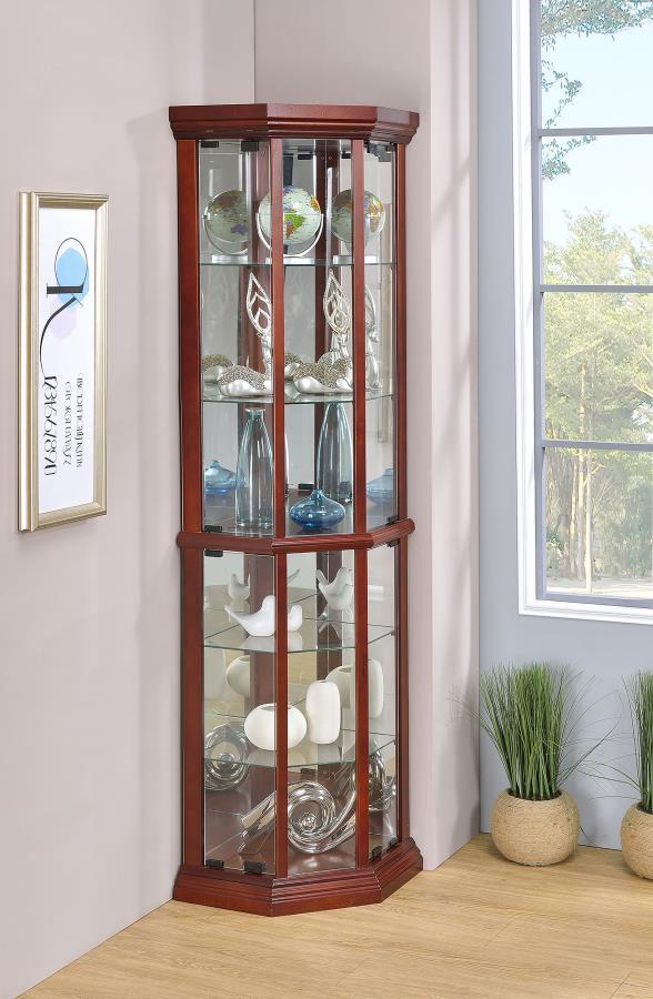 Appledale 6-Shelf Corner Curio Display Cabinet – Medium Brown Finish, Glass Shelves for Collectibles, Knickknacks, and Decorative Items