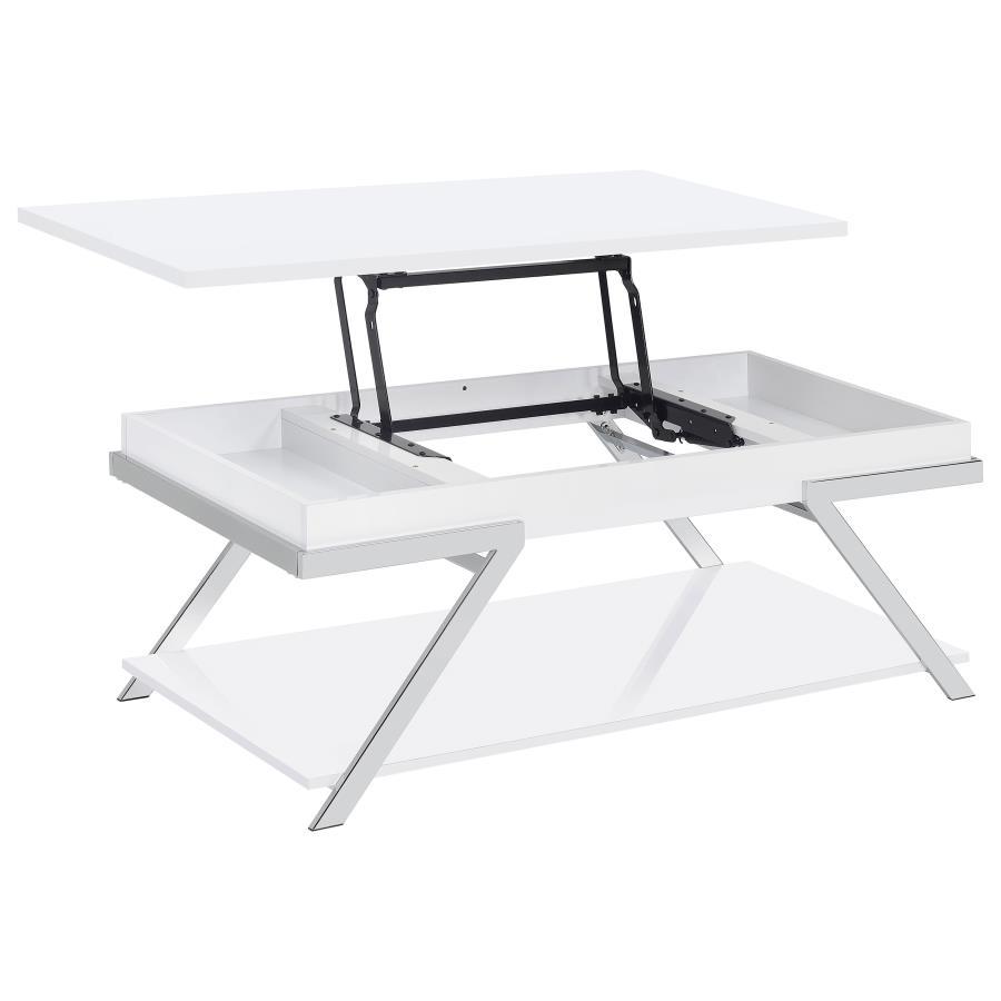 Marcia Rectangular Lift Top Coffee Table – White High Gloss Finish with Hidden Storage, Modern Metal Frame, Contemporary Living Room Furniture