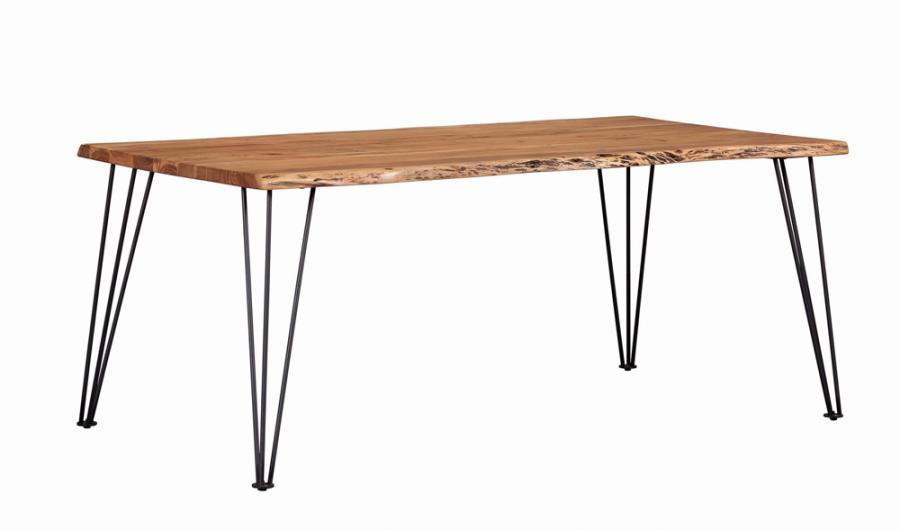 Sherman Live Edge Dining Table – Natural Acacia Wood with Distressed Finish, Industrial Gunmetal Hairpin Legs, Sleek Contemporary Design