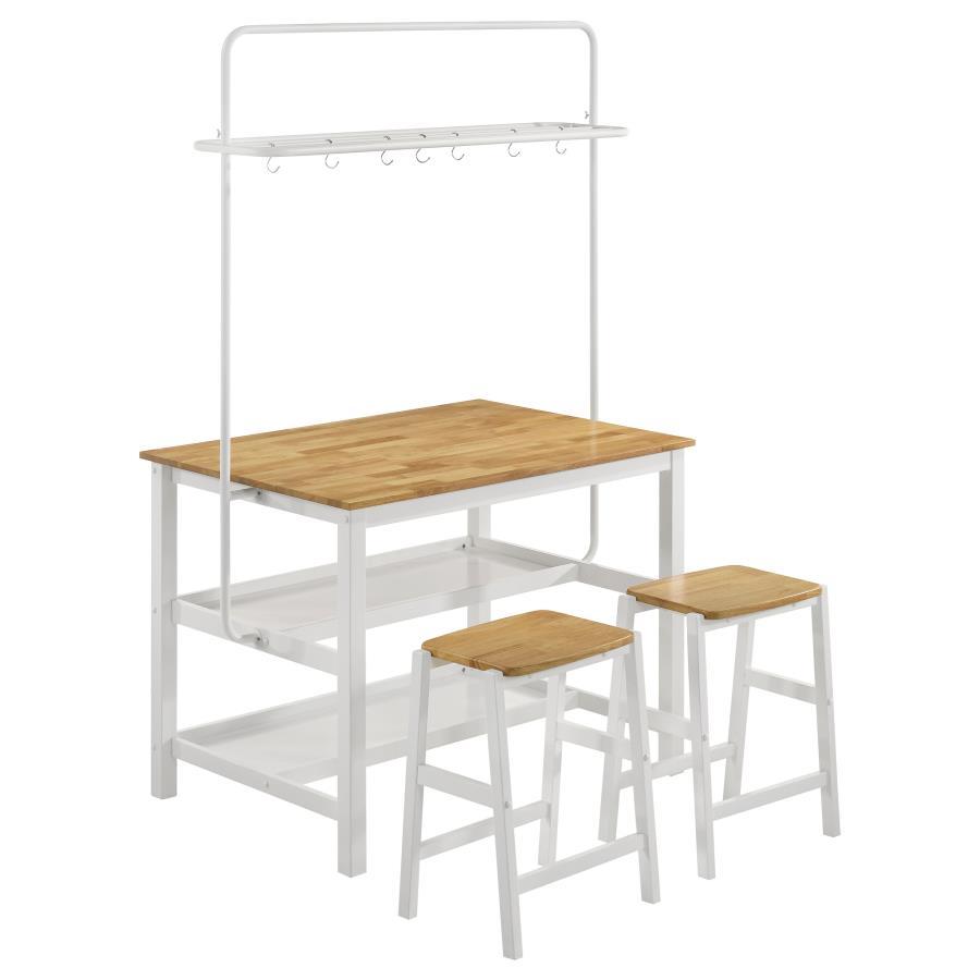 Edgeworth 3-Piece Kitchen Island Counter Height Table Set – White Base, Natural Asian Hardwood Top, Two Stools, Upper Pot Rack, 10 Hooks, Farmhouse Style