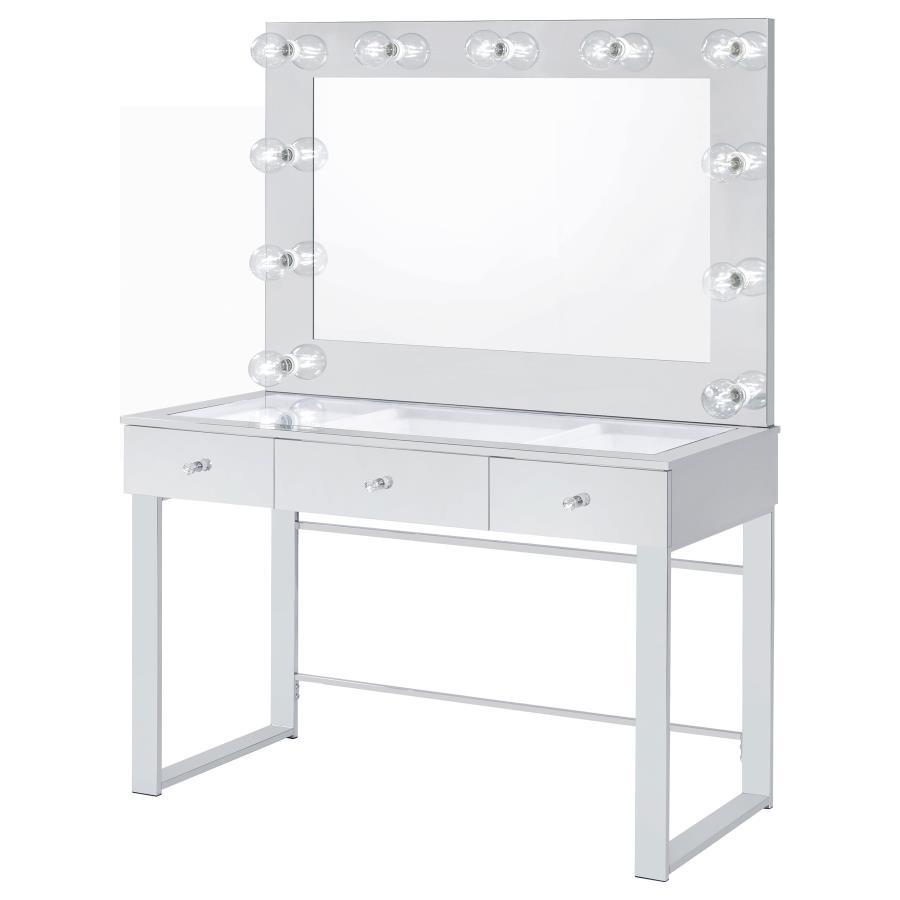 Umbridge 3-Drawer Vanity Set With Lighting – Chrome Frame & White Finish Makeup Table with Mirror, LED Lights, and Storage Drawers for Bedroom