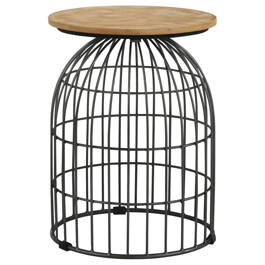 Bernardo Round Wire Frame Side Table – Natural Beige Marble Top, Gunmetal Birdcage-Inspired Base, Industrial Modern Accent Table for Living Room