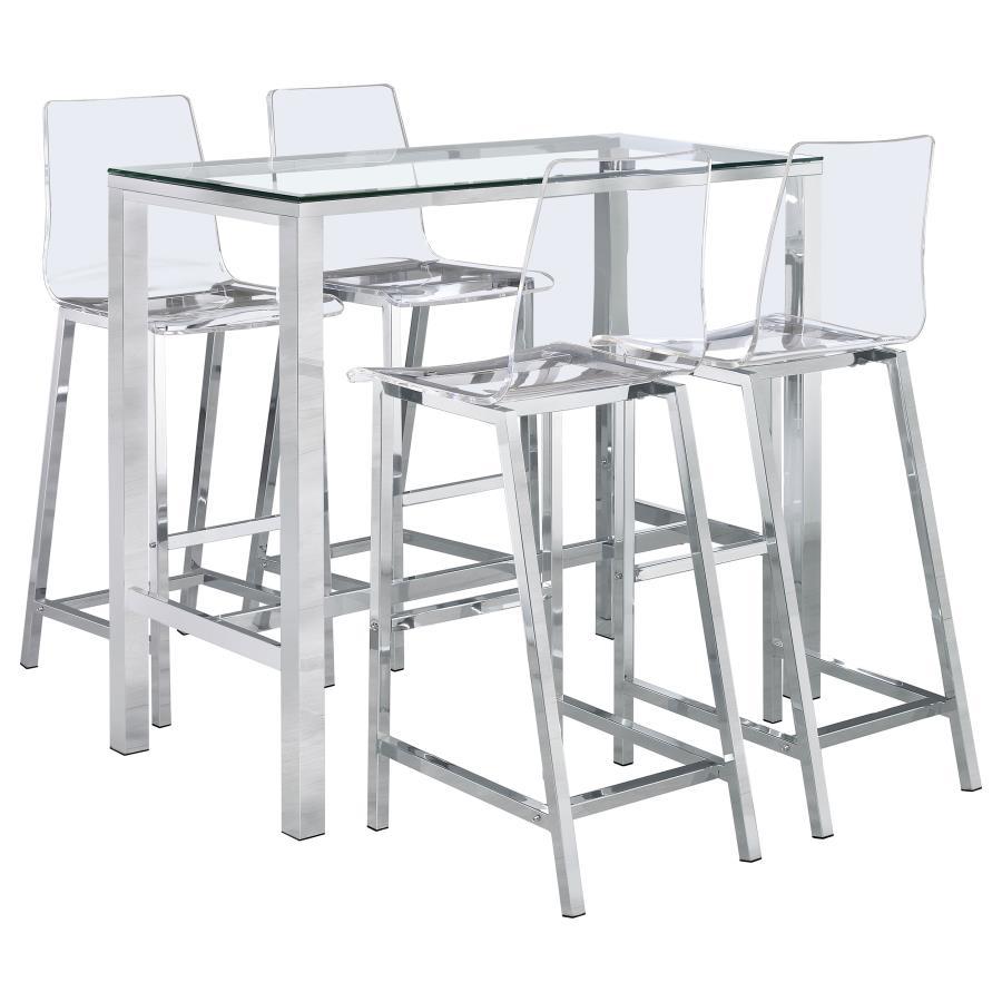 Tolbert 5-Piece Bar Set with Clear Acrylic Chairs - Rectangular Glass Top Pub Table, Chrome Frame, Built-In Footrests, Modern Contemporary Bar Dining