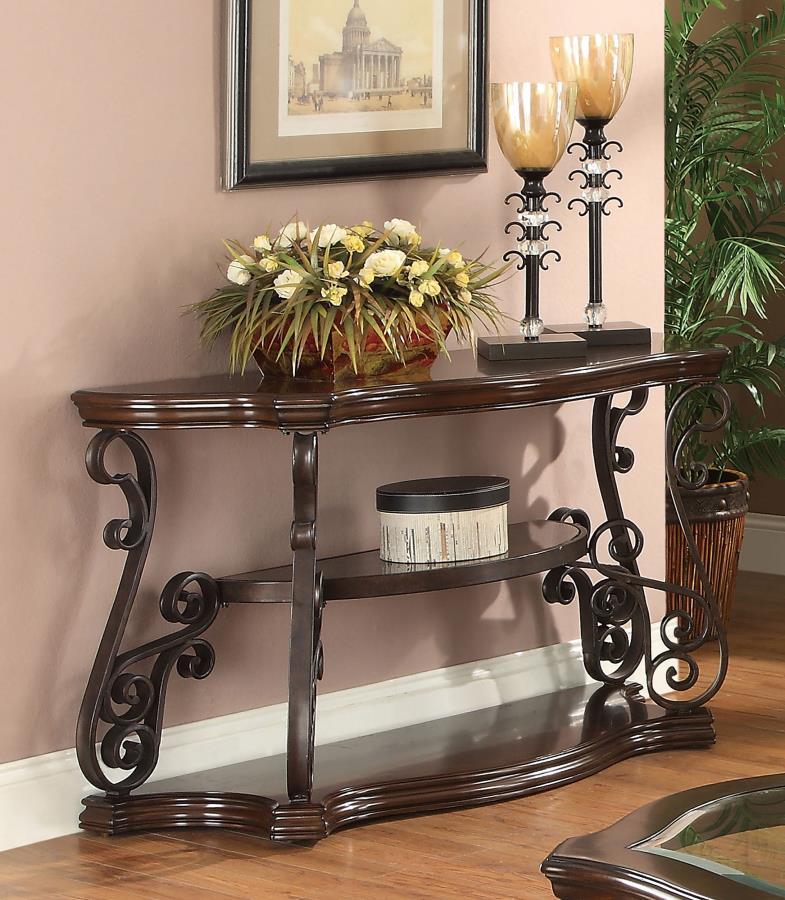 Laney Scrollwork Entryway Sofa Console Table with Tempered Glass Top, Cherry Veneer, Metal Scroll Base, and Deep Merlot Wood Finish