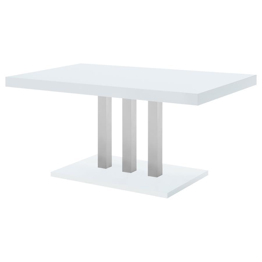 Brooklyn Rectangular Dining Table Set – White High Gloss Finish, Chrome Pedestal Base, Cantilever Chairs, Modern Contemporary Five-Piece Dining