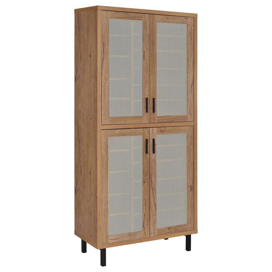 Teller - 4-Door Tall Shoe Storage Cabinet - Natural Oak Finish with Metal Mesh Doors, Adjustable Shelves & Sturdy Black Metal Legs