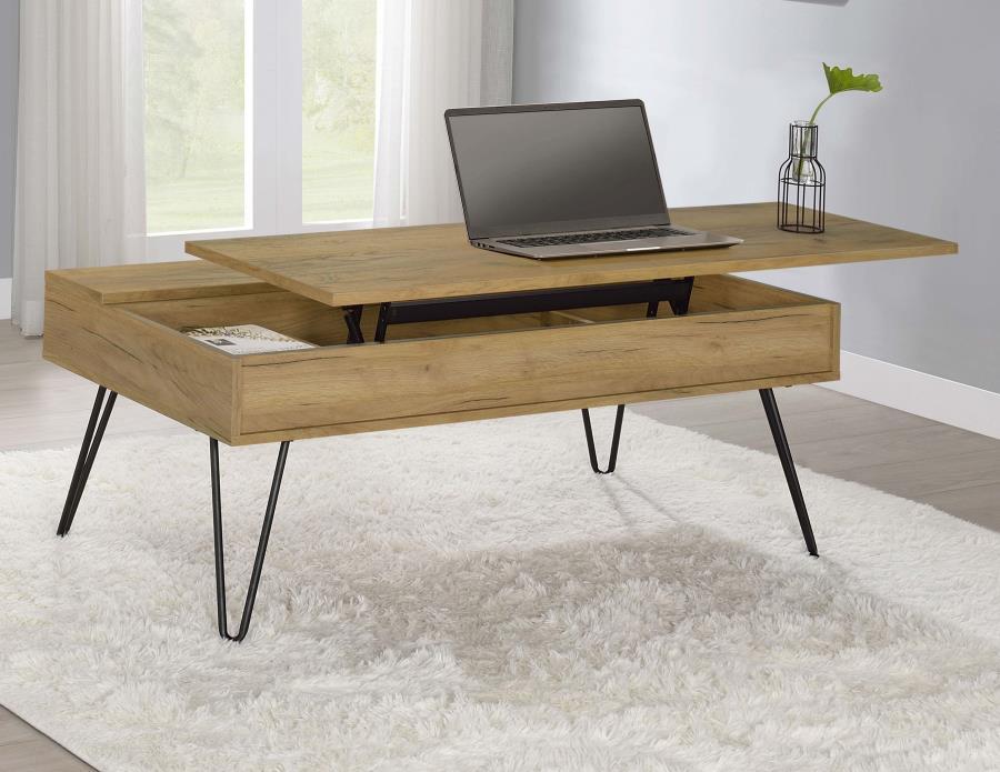 Fanning Lift Top Coffee Table – Engineered Wood Construction in Golden Oak | Hidden Storage & Pop-Up Surface for Living Room Functionality