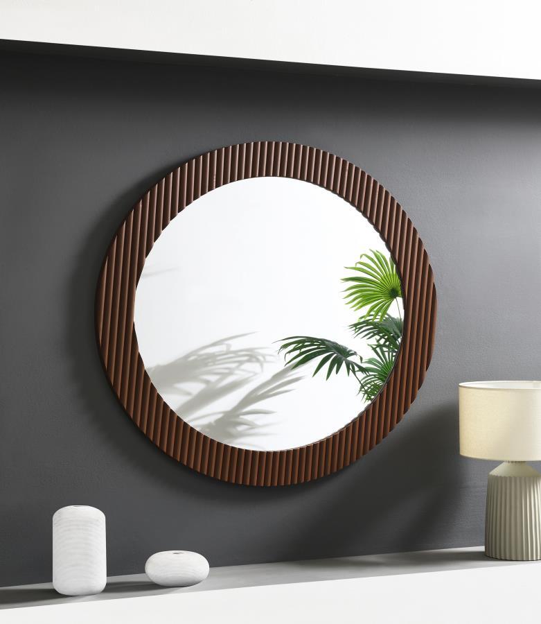 Dexter Round Reeding Frame Wall Mirror – Brown with Textured MDF Frame, Modern Industrial Design, Perfect for Living Room, Entryway, or Mantel