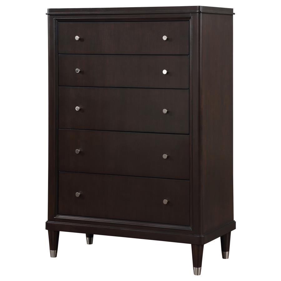Emberlyn 5-Drawer Bedroom Chest – Brown Finish with Felt-Lined Top Drawer, Cedar-Lined Bottom Drawer & Gleaming Hardware for Stylish Storage