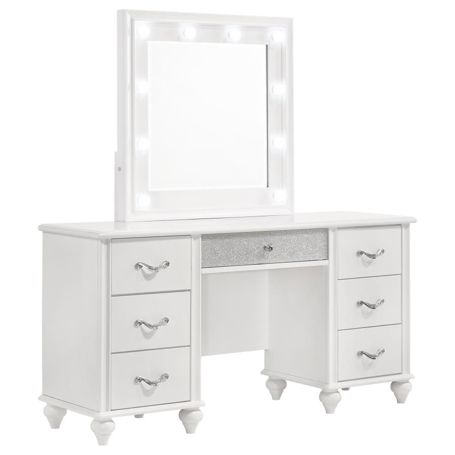 Barzini 7-Drawer Vanity Set with LED Lighting – White Finish, Glam Chrome Handles, Diamond-Like Accents, Hollywood-Style Vanity with Mirror