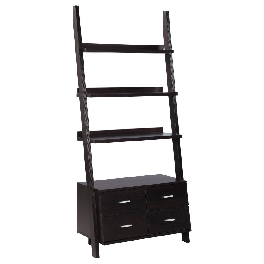 Colella 5-Shelf Ladder Bookshelf – Cappuccino Wood Storage with 4 Drawers, Euro Glide Shelving, and Elegant Modern Design for Home Office or Living Room