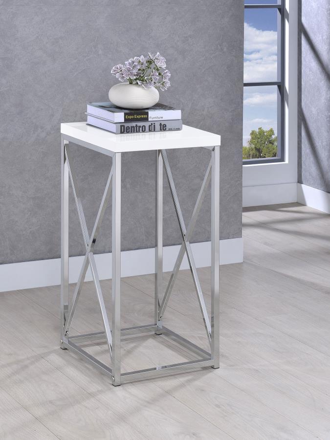 Edmund Square Accent Side Table – White High Gloss Top with Chrome X-Frame Base, Modern End Table for Living Room, Bedroom, or Sitting Area