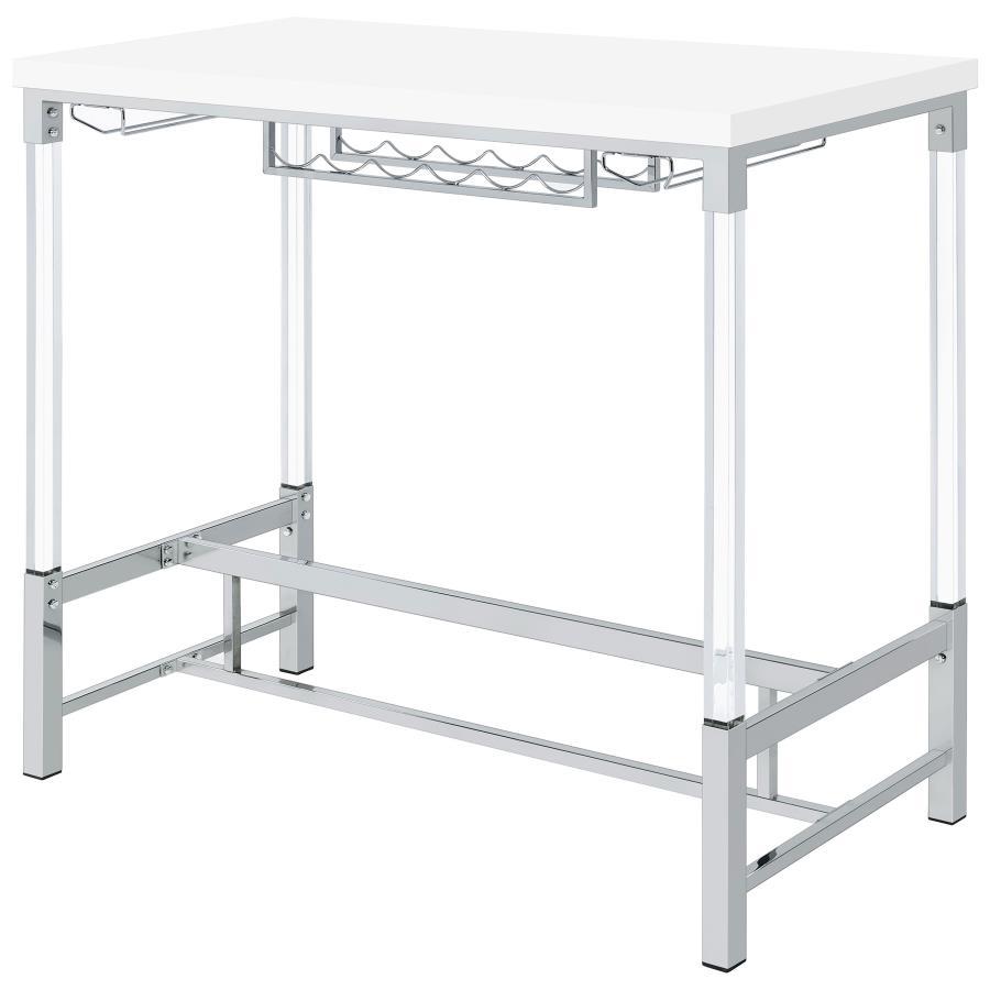 Norcrest Acrylic Leg Bar Table – White High Gloss Finish, Silver Trestle Base, Built-In Wine & Stemware Racks, Compact Modern Design for Entertaining