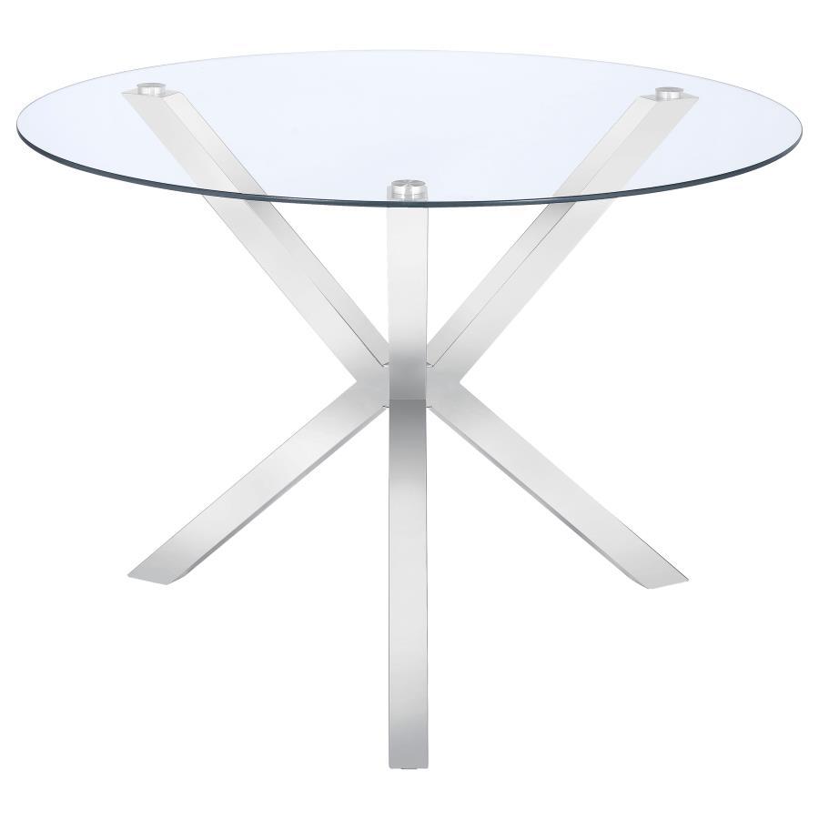 Vance Round Glass Top Asterisk Dining Table – Chrome Finish, Sculptural Metal Base, 41.25" Diameter, Modern Contemporary Design, Seats 4