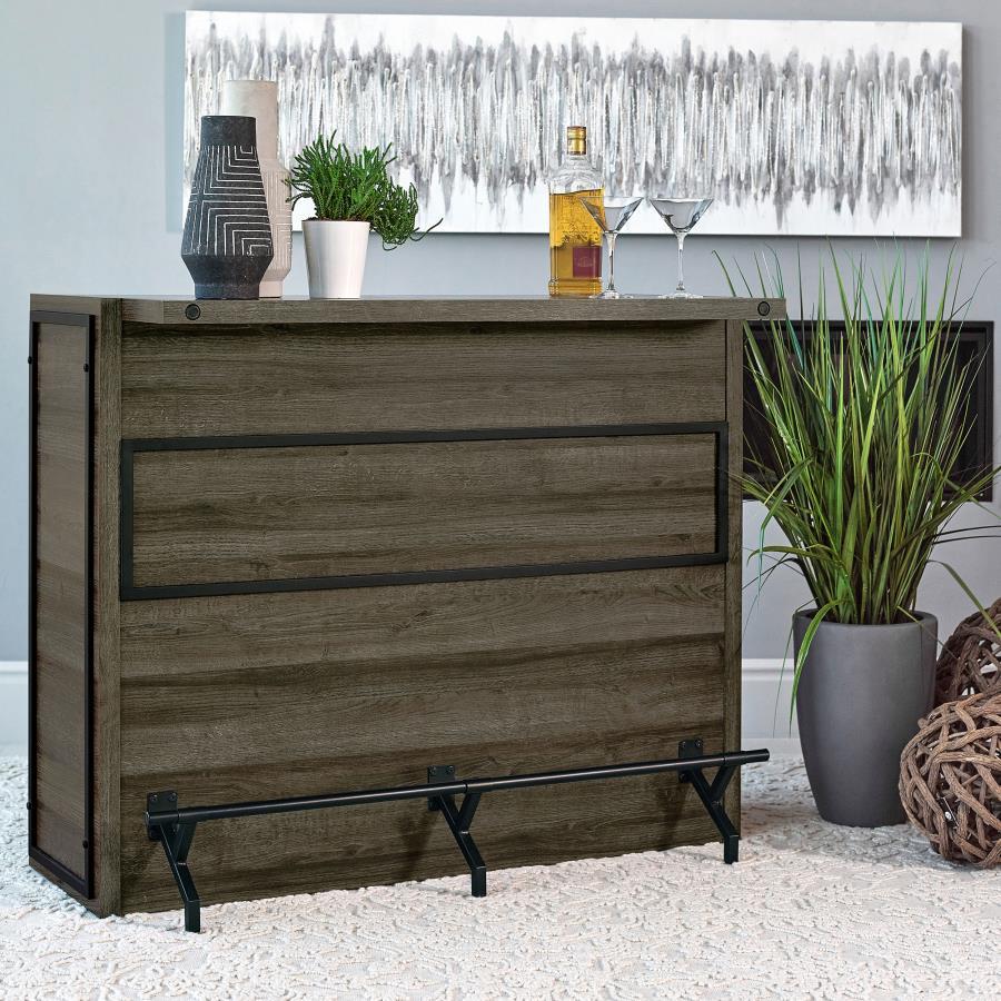 Joe 5-Shelf Composite Wood Home Bar Wine Cabinet – Aged Oak Finish with Stemware Racks, Metal Footrest, Rustic Style for Entertaining & Storage