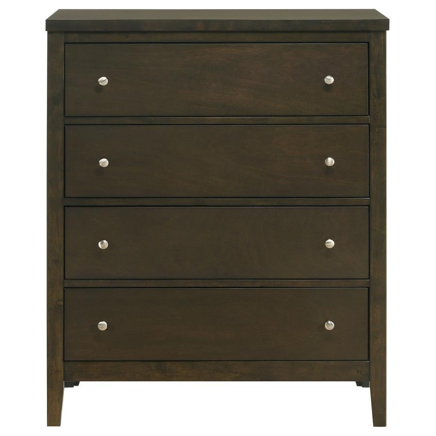 Wilkes 4-Drawer Chest of Drawers – Dark Cocoa Finish, Vertical Detail Design, Brushed Nickel Hardware, Modern Storage Dresser, Durable Bedroom Furniture