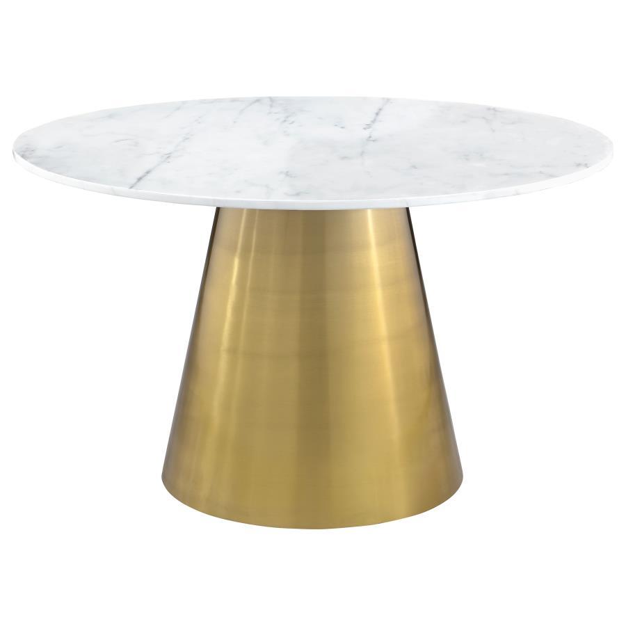 Ambrose Round Marble Top Dining Table – 50" Elegant White Marble with Light Grey Veining, Brushed Gold Pedestal Base for Luxurious Modern Dining