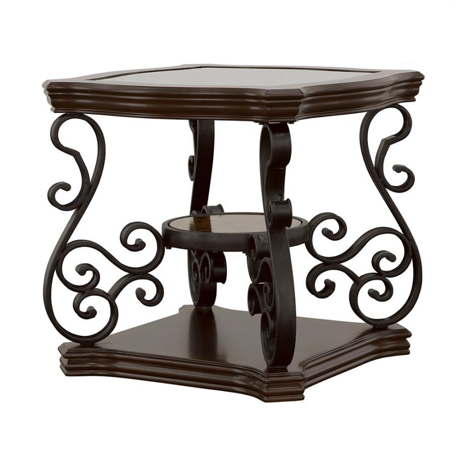 Laney 1-Shelf Glass Top Rectangular End Table – Deep Merlot, Elegant Living Room Accent Table with Scrollwork Metal Legs and Polished Wooden Shelf