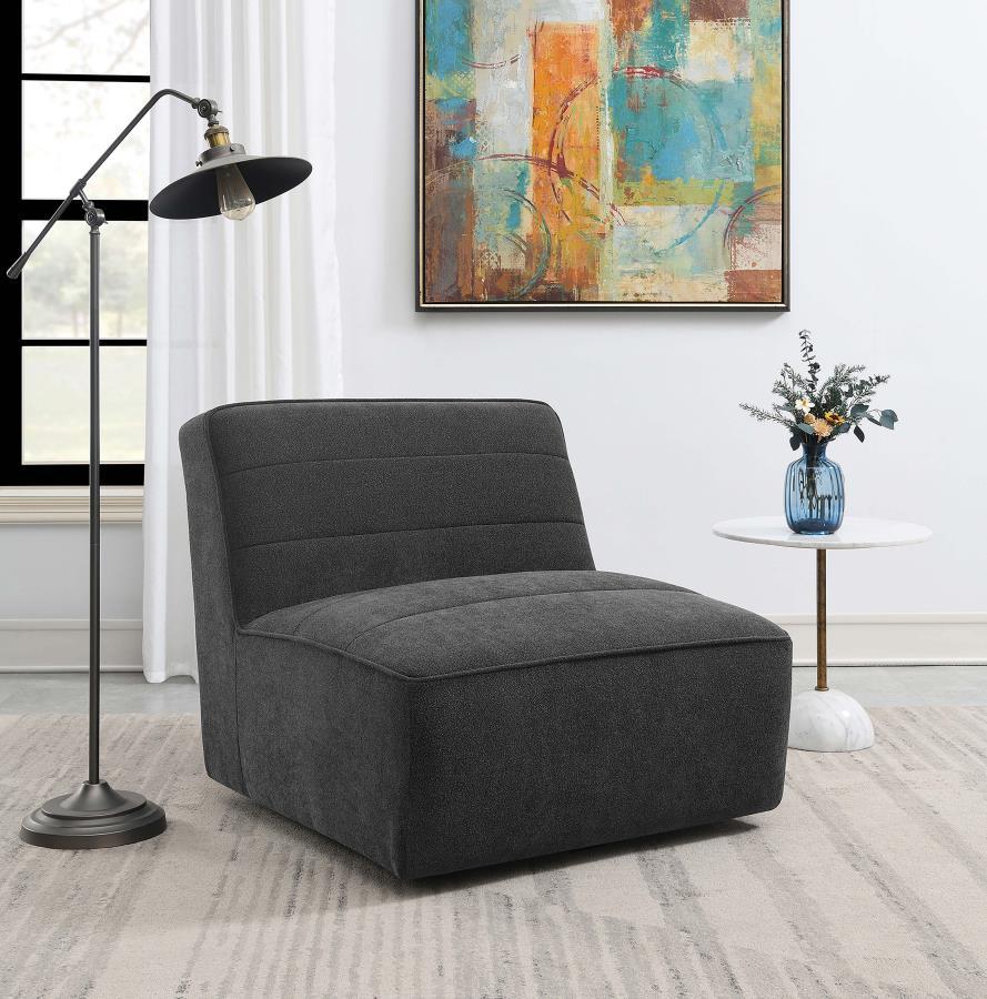 Cobie Upholstered Armless Swivel Chair – Plush Faux Sheepskin Accent Seating, 360° Rotating Base, Retro-Inspired Horizontal Channeling, Dark Charcoal