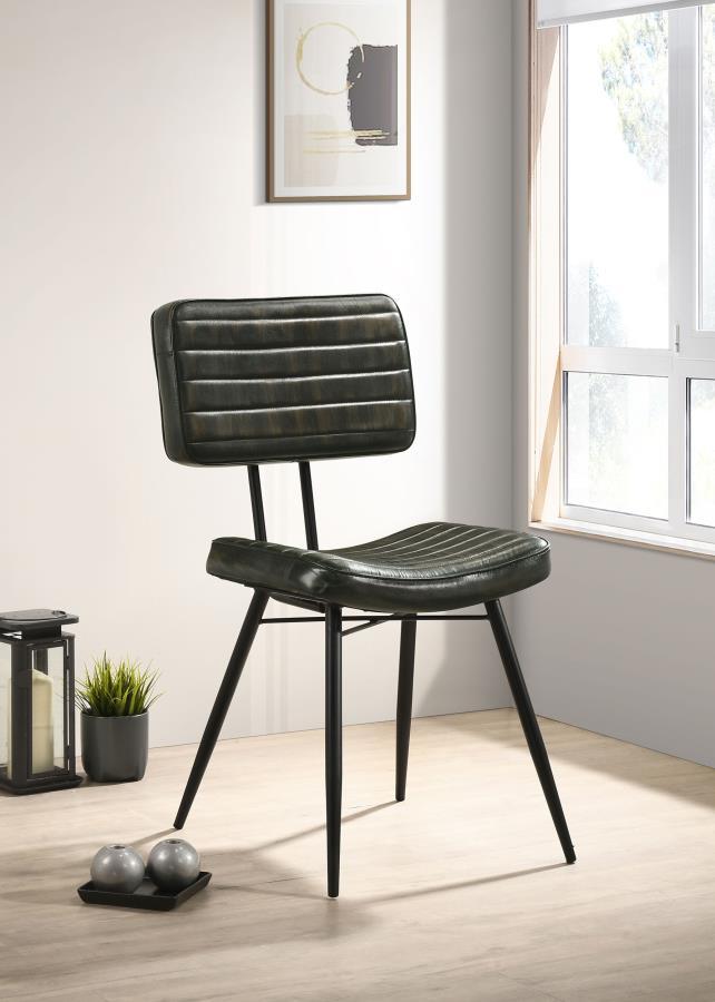 Misty Leather Upholstered Dining Chair Set of 2 - Espresso Goat Leather, Vertical Tufted Back, Padded Seat, Black Metal Legs, Industrial Rustic Style