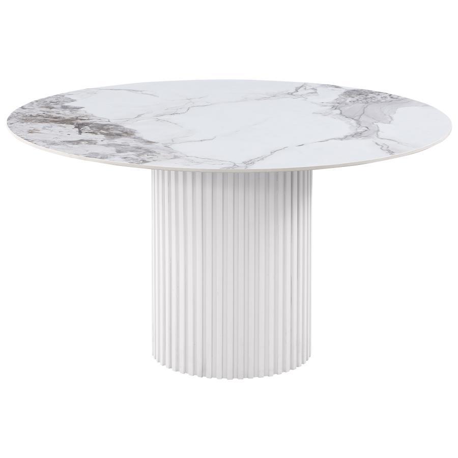Acadia Round Dining Table with Sintered Stone Top – White Marble-Effect Surface, Modern Pedestal Base with Vertical Reeded Details for Stylish Dining