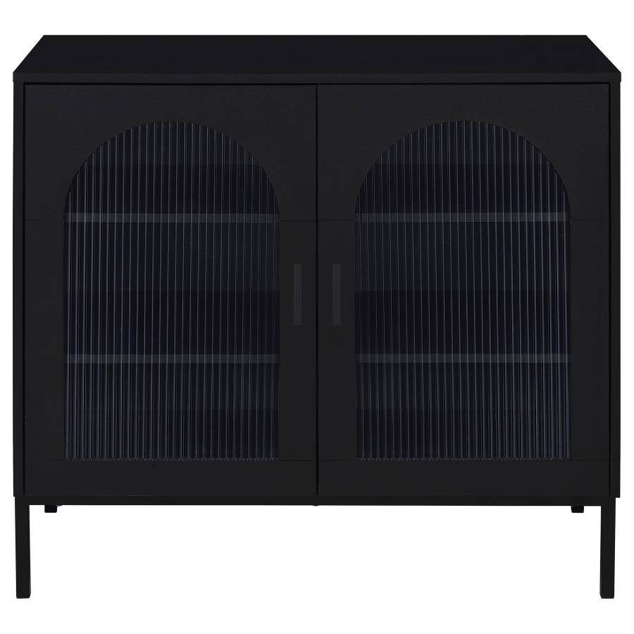 Jess 2-Door Arched Fluted Glass Accent Cabinet – Black Modern Sideboard with Adjustable Shelves, Tempered Glass Doors, and Sleek Metal Legs