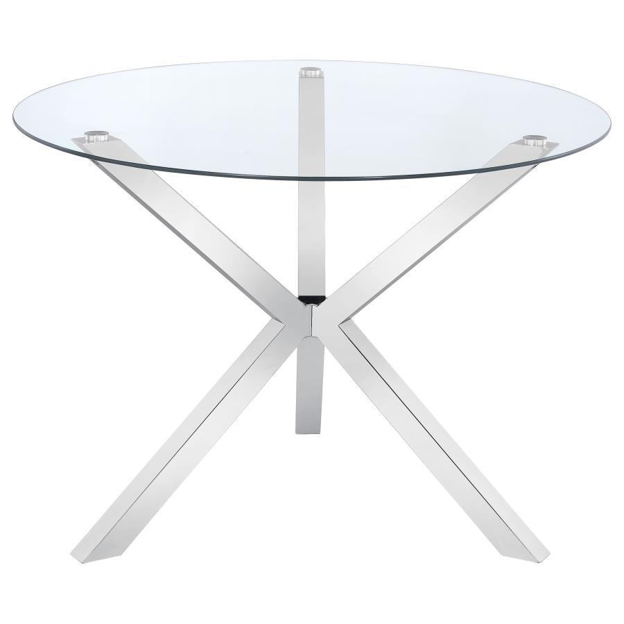 Vance Round Glass Top Asterisk Dining Table – Chrome Finish, Sculptural Metal Base, 41.25" Diameter, Modern Contemporary Design, Seats 4
