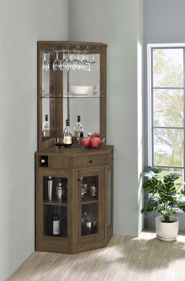 Alviso 1-Drawer Corner Home Bar Wine Cabinet – Rustic Oak Finish with Mirrored Back, Tempered Glass Shelf, Stemware Rack, and Bottle Storage