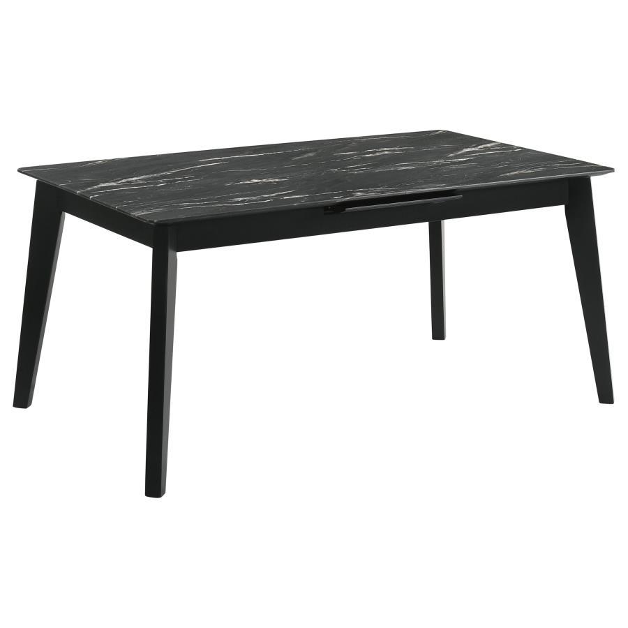 Crestmont Extension Dining Table – Faux Marble Top, Black Finish, Self-Storing Leaf, Sleek Modern Design, 62.5" x 36.25" x 30"