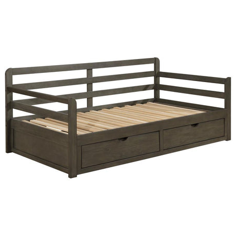 Sorrento 2-Drawer Twin Long Daybed with Extension Trundle – Gray Wood Daybed with Storage Drawers, Pull-Out Sleeper for Guests, and Space-Saving Design