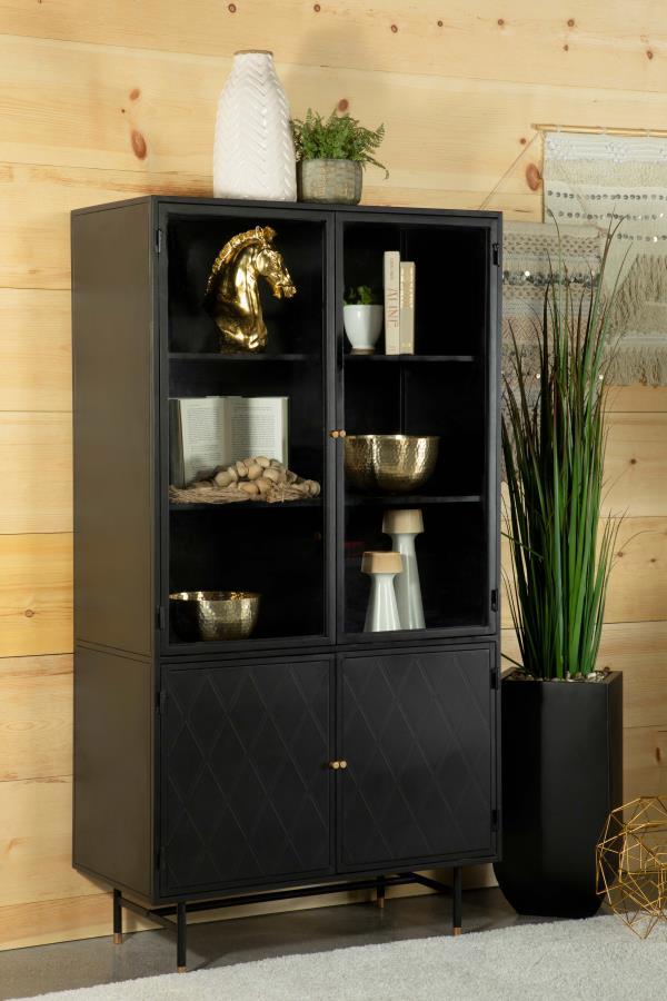 Santiago - 4 Door Metal Tall Storage Cabinet - Matte Black with Antique Brass Hardware, Tempered Glass Doors & Adjustable Shelves