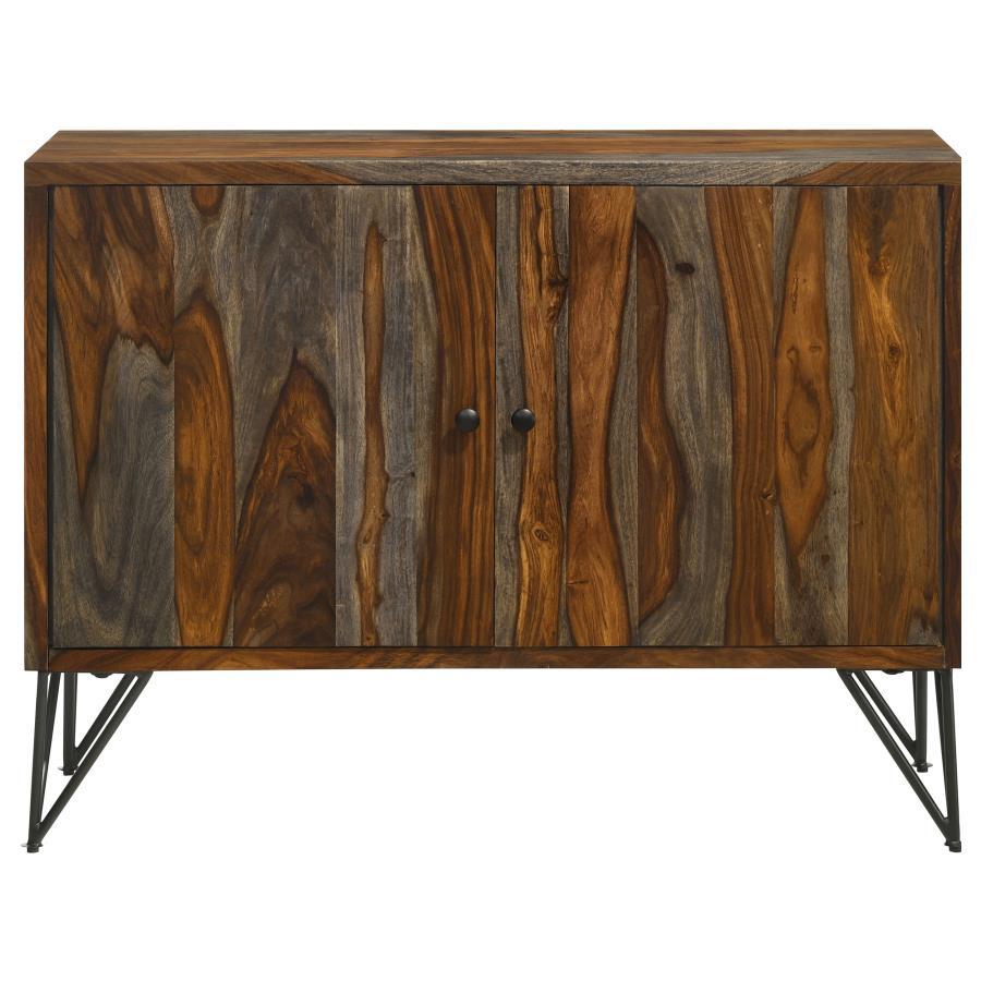 Macon 2-Door Sheesham Wood Accent Cabinet – Gray Storage Cabinet with Gunmetal Iron Legs, Rustic Industrial Style for Living Room or Entryway