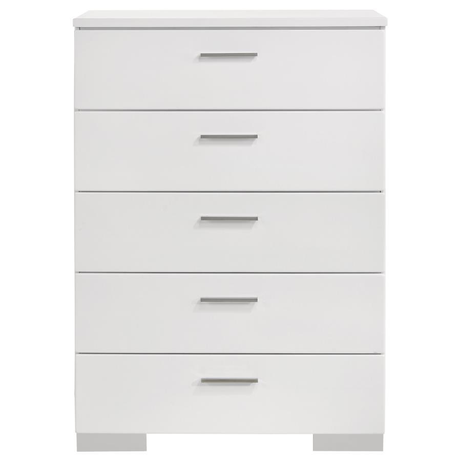 Felicity 5-Drawer Bedroom Chest – White High Gloss Modern Storage Dresser with Chrome Handles & Feet, Smooth-Glide Drawers, Sturdy Wooden Construction