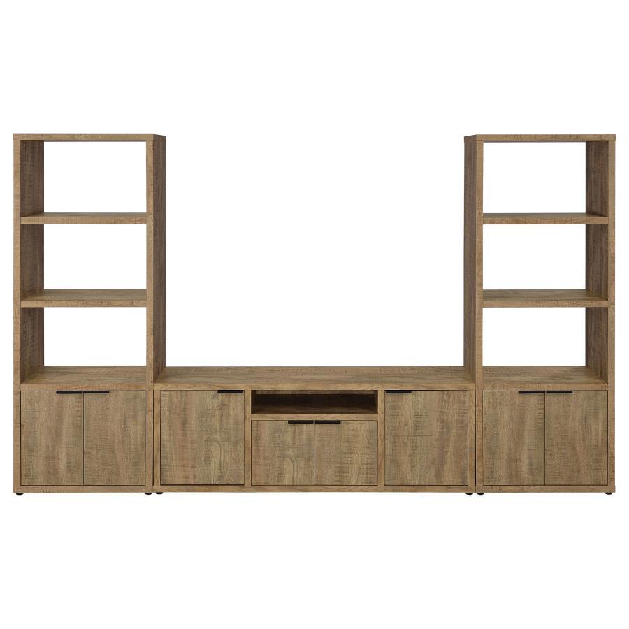 Tabby 3 Piece TV Entertainment Center with 4-Door Mango Finish TV Stand, Dual Media Towers, Adjustable Shelves, and Rustic Modern Storage Design
