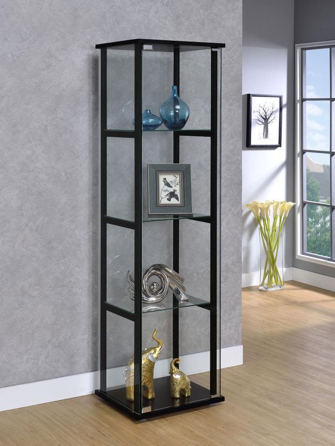 Cyclamen 4-Shelf Clear Glass Curio Display Cabinet – Black Tempered Glass Shelves, Push-to-Open Doors, Modern Compact Display Cabinet