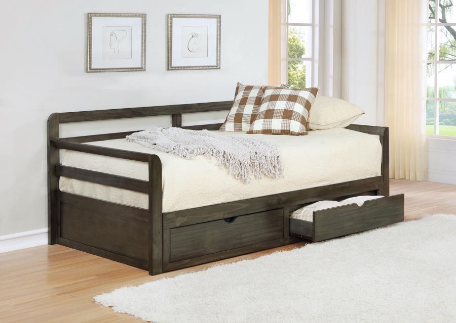 Sorrento 2-Drawer Twin Long Daybed with Extension Trundle – Gray Wood Daybed with Storage Drawers, Pull-Out Sleeper for Guests, and Space-Saving Design