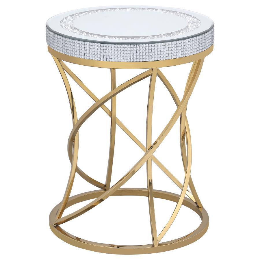 Elise Round Mirror Top Stainless Steel End Table in Gold – Contemporary Jeweled Edge Accent Table with Acrylic Crystals and Sculpted Base