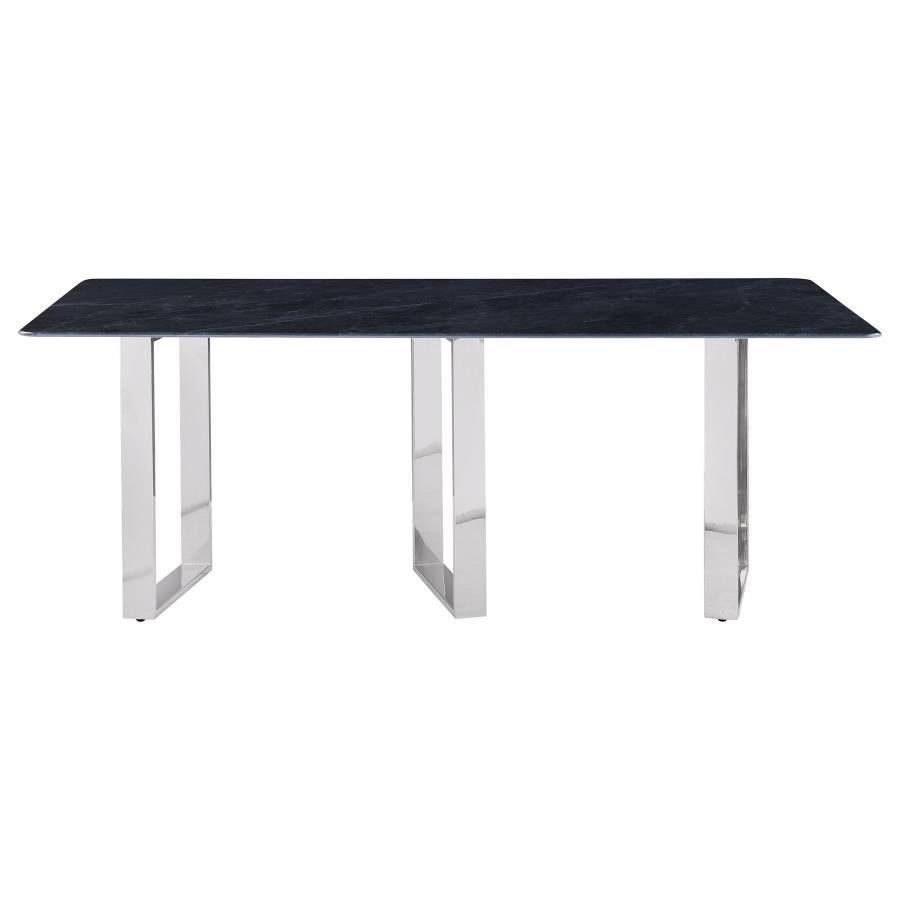 Desden Rectangular Sintered Stone Dining Table – Gray Marble Finish, Modern Slim Silhouette, Sculpted Open Frame Legs, Contemporary Design