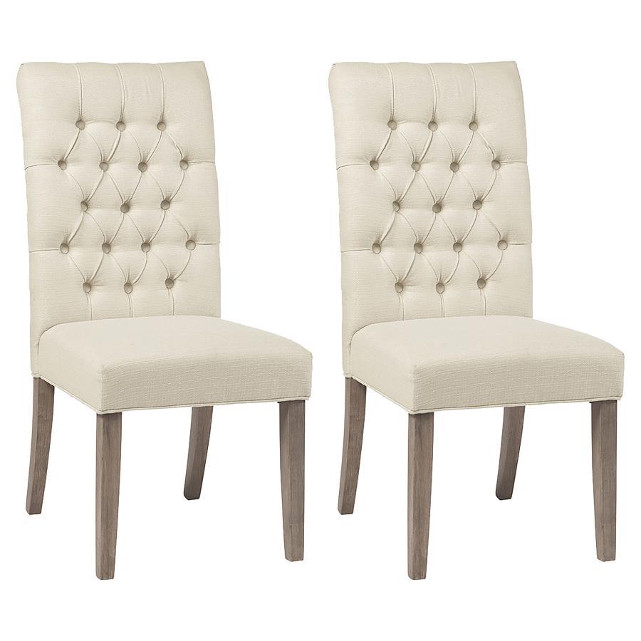 Douglas Dining Side Chair Set of 2 – Tufted Fabric Upholstery in Oatmeal, Vineyard Oak Finish, Rustic Parsons Chairs for Dining Room