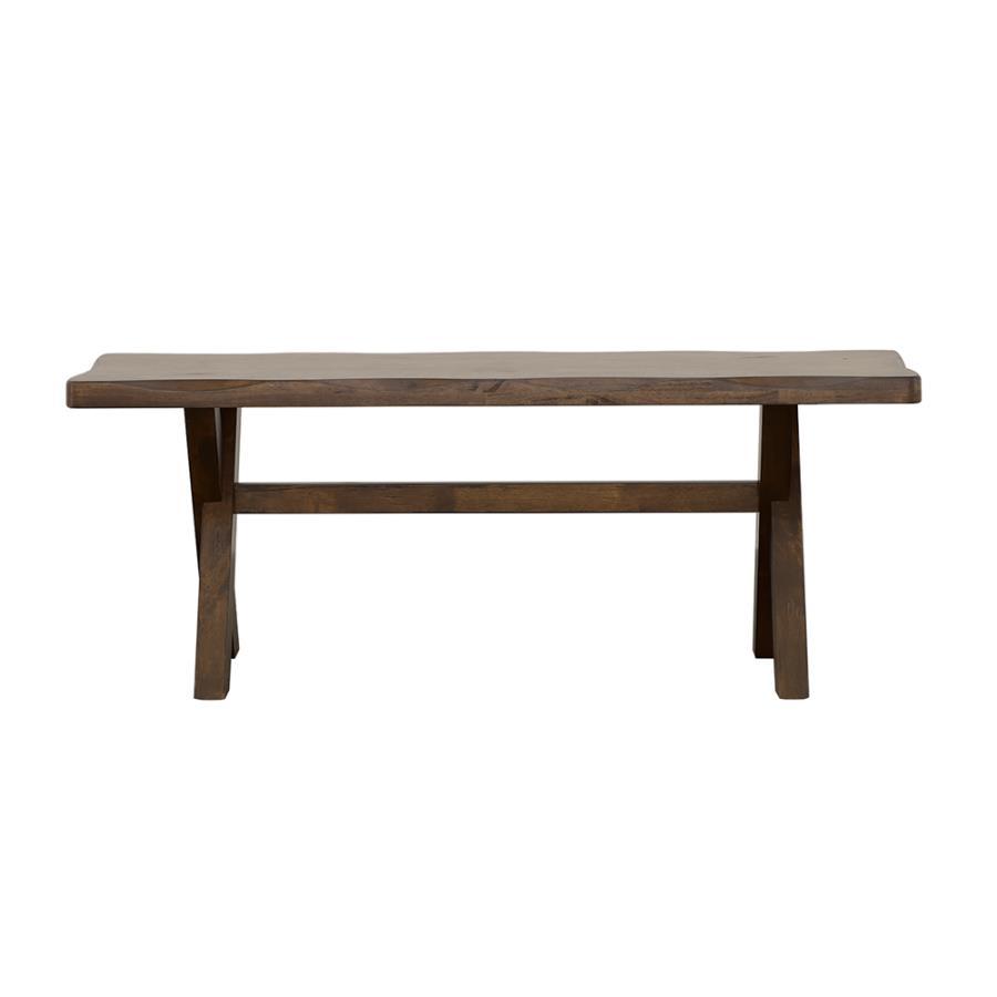 Alston Wood Dining Bench – Knotty Nutmeg Solid Rubberwood, Rustic Trestle Base, Smooth Contoured Seat, Compact Farmhouse Dining Bench
